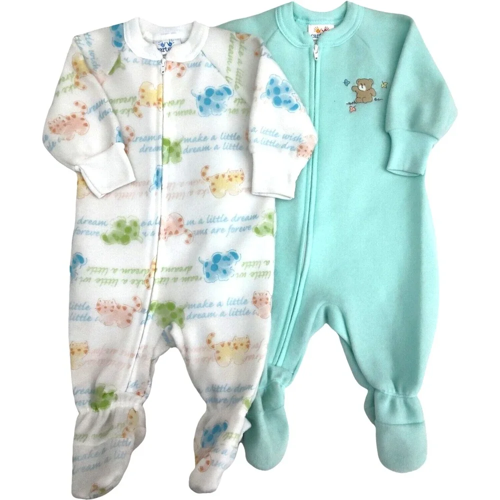 Vtg Carter's Fleece Baby Sleepers 0 6 Mos Up To 18lbs White Green‎ Cat Dog Bear